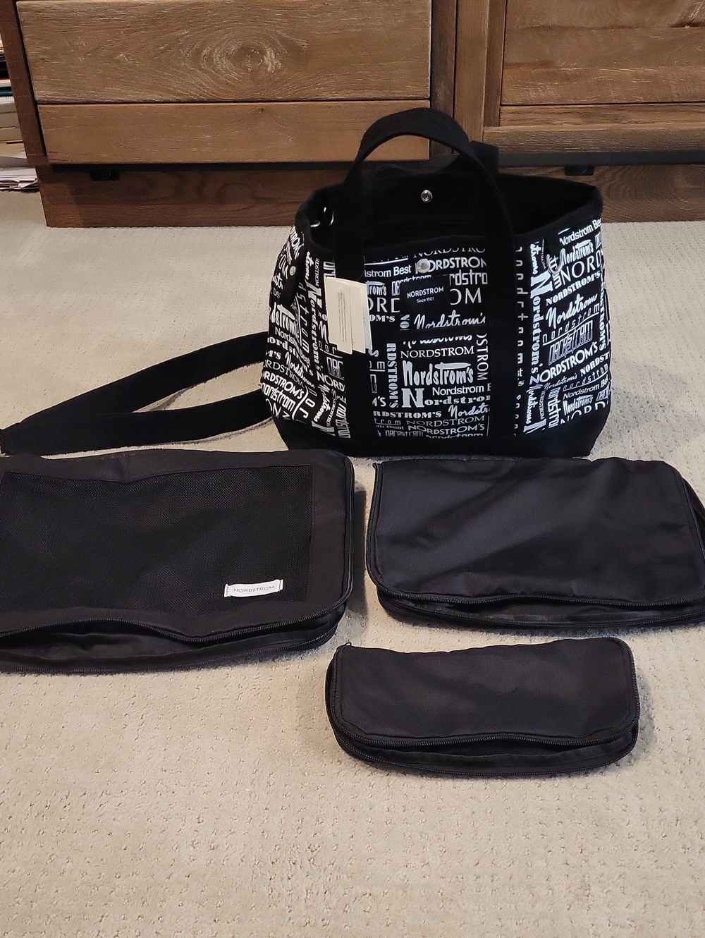 Nordstrom Black & White Logo Canvas Duffel with 3 Various Size Travel Cubes